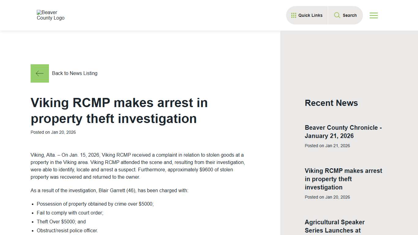 Viking RCMP makes arrest in property theft investigation: County News - Beaver County, Alberta